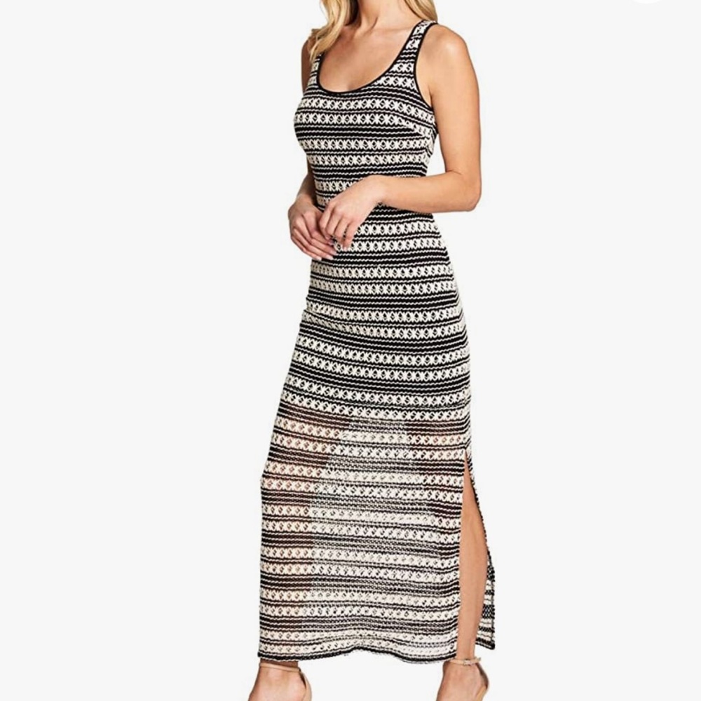 Black and beige crochet striped lace maxi dress with illusion bottom